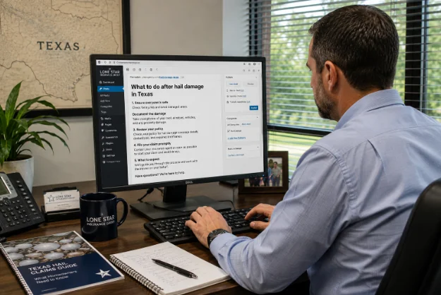 Texas insurance professional creating plain-language online guidance about what to do after hail damage